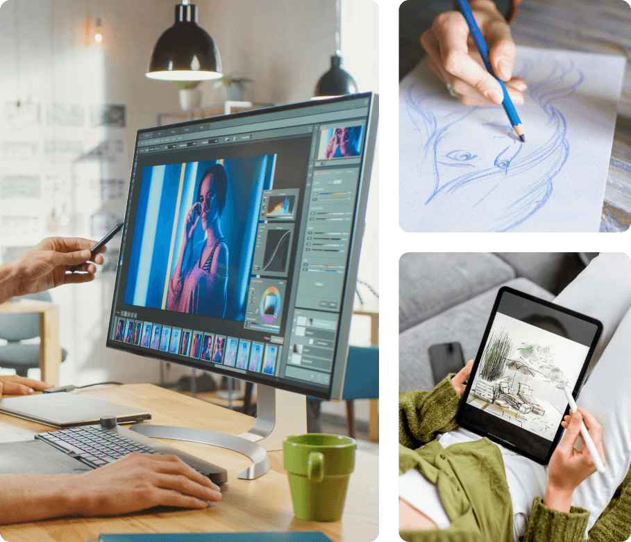 a collage of three images consisting of a close up of an artist editing a photo on a desktop computer, a closeup of a person drawing a sketch of a woman with a blue colored pencil and an image of an artist sitting on a couch creating art on a digital sketchpad