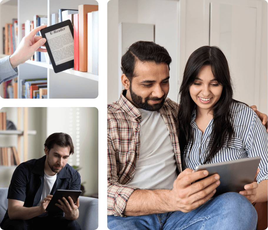 a collage of three images consisting of an image of an E-Reader being taken out of a bookshelf, a young man reading on an E-Reader while sitting on a couch and a young couple sitting together reading from the same E-Reader